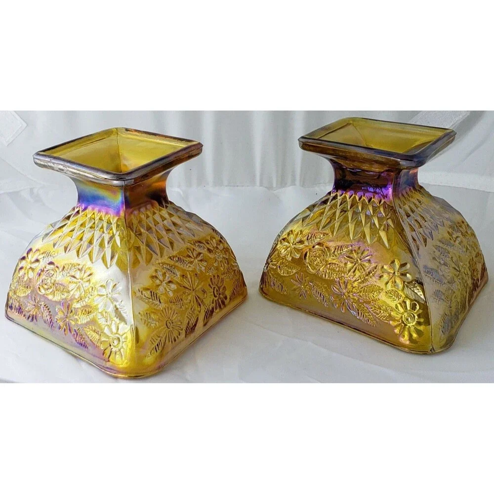 Vintage ~ Iridescent Amber Indiana Carnival Glass ~ Diamond Shaped Pedestal Dish